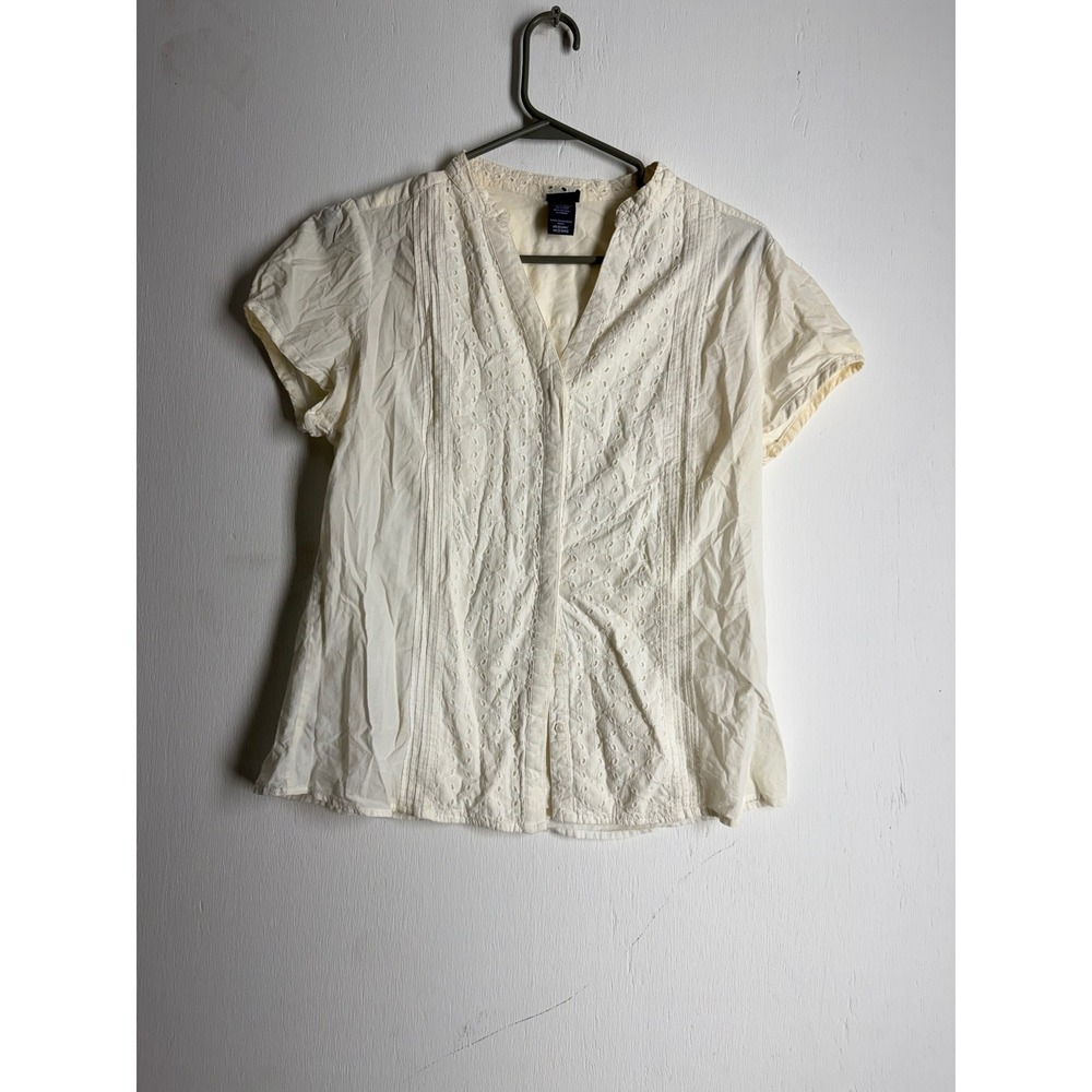 Basic Editions Cream Eyelet Embroidered Button Up Blouse Short Sleeve Medium